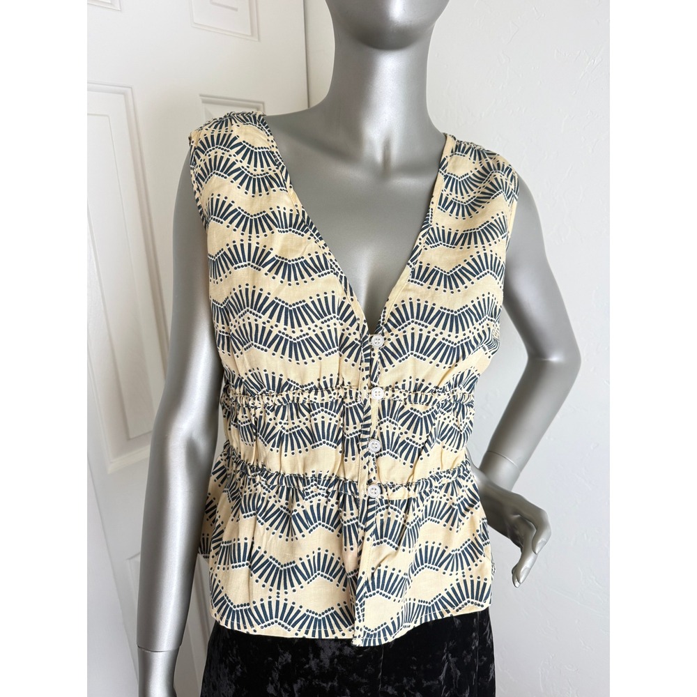 EVEREVE Wyatt Art Deco Fan Print Peplum Top Navy Yellow Size L NWT